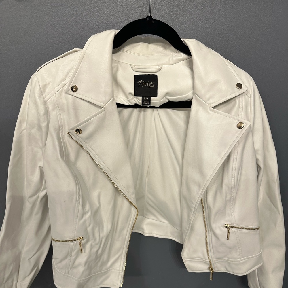 White cropped faux leather moto jacket. Size L